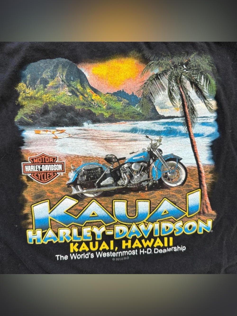 Harley-Davidson Black Tee with Blue Motorcycle Kauai Graphic